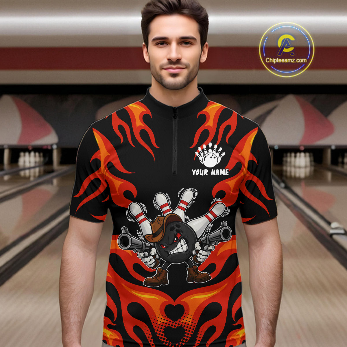 Personalized Orange Funny Flame Bowling Shirt For Men, Fire Bowling Team Jersey Polo & 1/4 Zip TDM6163