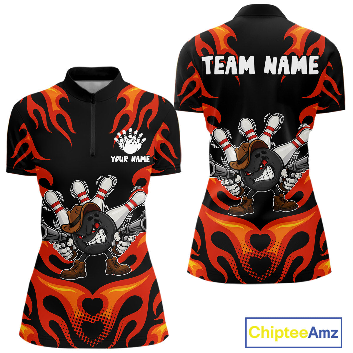 Personalized Orange Funny Flame Bowling Shirt For Women, Fire Bowling Team Jersey Polo & 1/4 Zip TDM6163