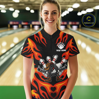 Personalized Orange Funny Flame Bowling Shirt For Women, Fire Bowling Team Jersey Polo & 1/4 Zip TDM6163