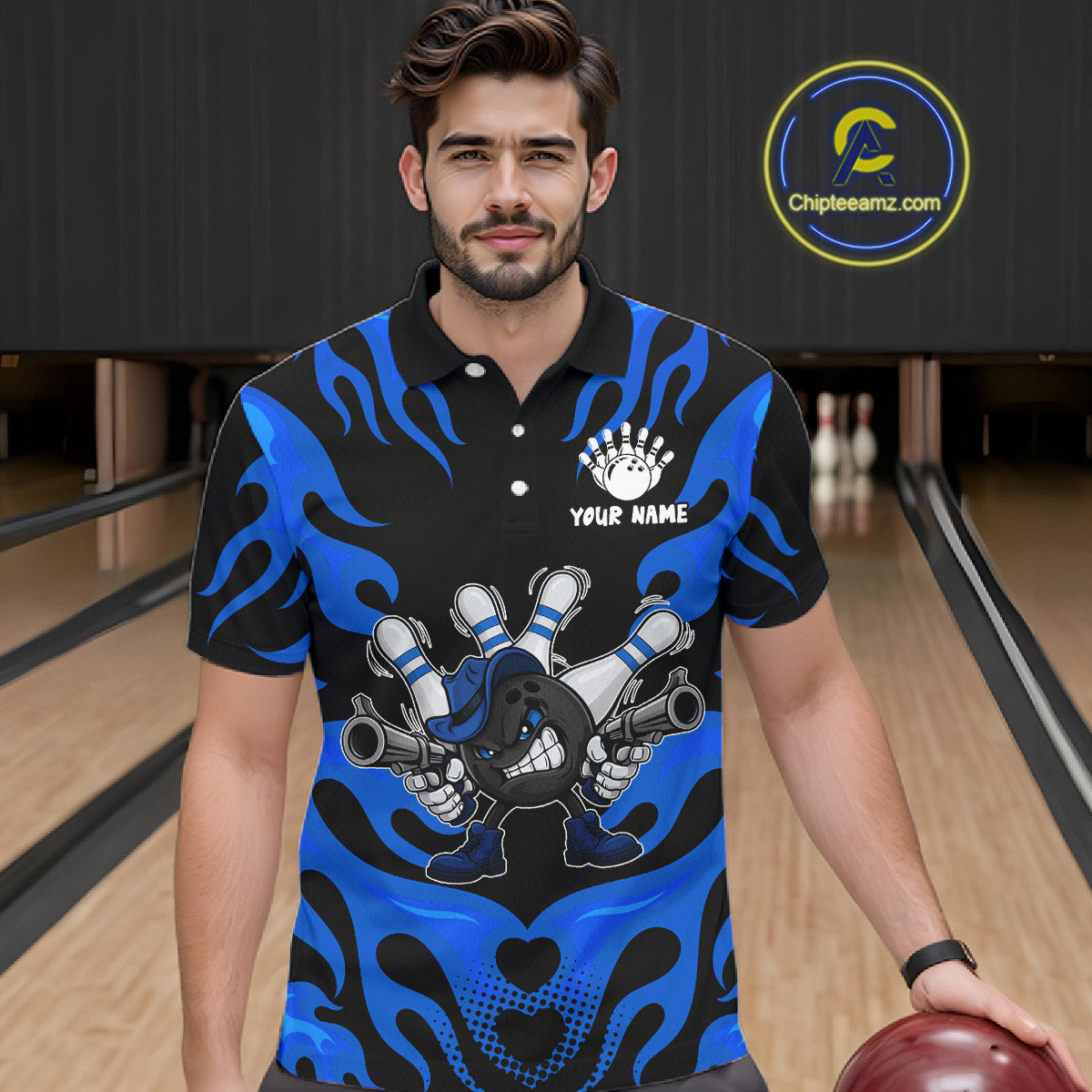 Personalized Blue Funny Flame Bowling Shirt For Men, Fire Bowling Team Jersey Polo & 1/4 Zip TDM6164