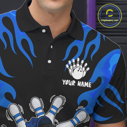 Personalized Blue Funny Flame Bowling Shirt For Men, Fire Bowling Team Jersey Polo & 1/4 Zip TDM6164