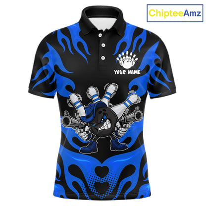 Personalized Blue Funny Flame Bowling Shirt For Men, Fire Bowling Team Jersey Polo & 1/4 Zip TDM6164