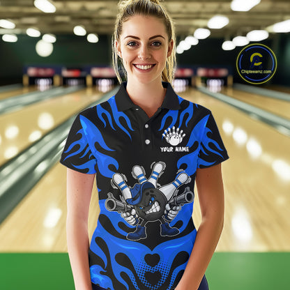 Personalized Blue Funny Flame Bowling Shirt For Women, Fire Bowling Team Jersey Polo & 1/4 Zip TDM6164