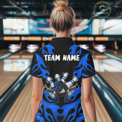 Personalized Blue Funny Flame Bowling Shirt For Women, Fire Bowling Team Jersey Polo & 1/4 Zip TDM6164
