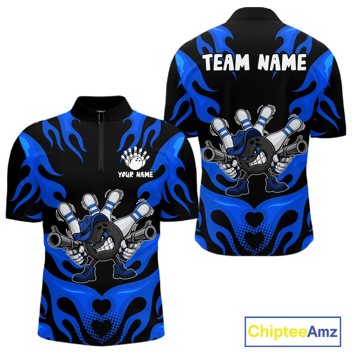 Personalized Blue Funny Flame Bowling Shirt For Men, Fire Bowling Team Jersey Polo & 1/4 Zip TDM6164