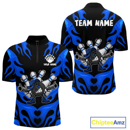 Personalized Blue Funny Flame Bowling Shirt For Men, Fire Bowling Team Jersey Polo & 1/4 Zip TDM6164
