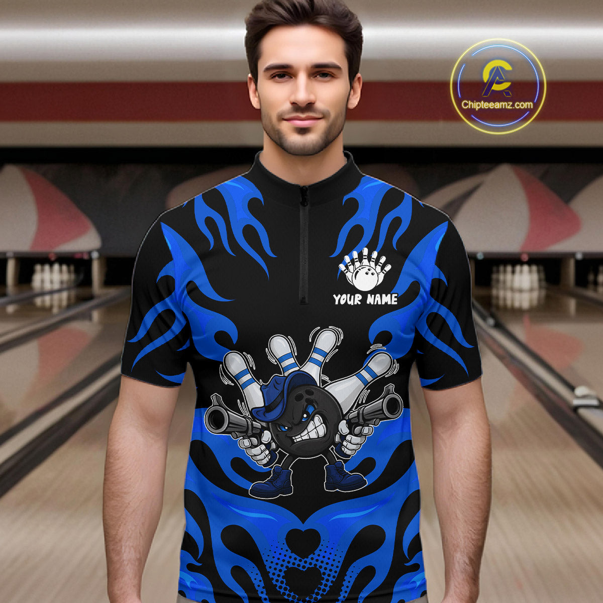 Personalized Blue Funny Flame Bowling Shirt For Men, Fire Bowling Team Jersey Polo & 1/4 Zip TDM6164