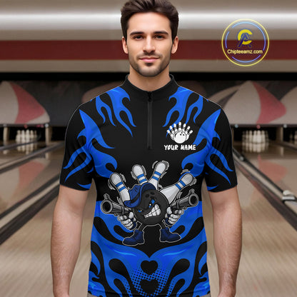 Personalized Blue Funny Flame Bowling Shirt For Men, Fire Bowling Team Jersey Polo & 1/4 Zip TDM6164