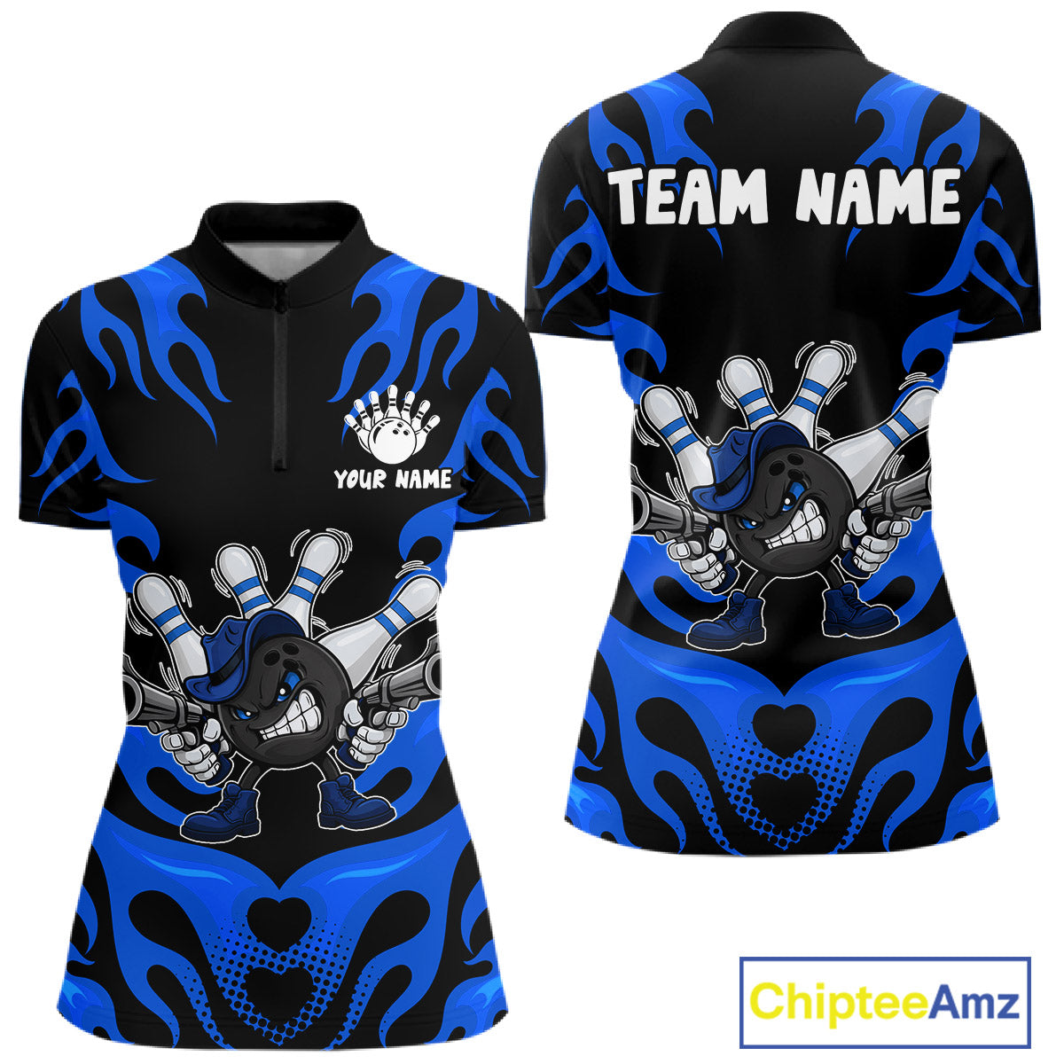 Personalized Blue Funny Flame Bowling Shirt For Women, Fire Bowling Team Jersey Polo & 1/4 Zip TDM6164