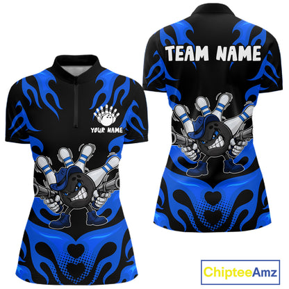 Personalized Blue Funny Flame Bowling Shirt For Women, Fire Bowling Team Jersey Polo & 1/4 Zip TDM6164