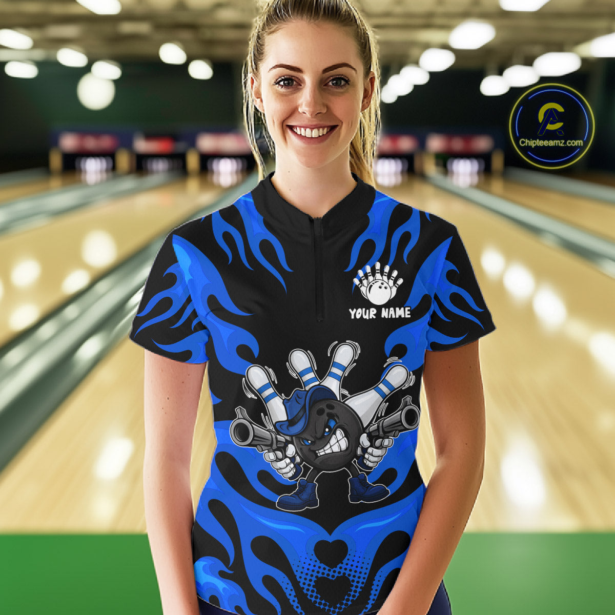 Personalized Blue Funny Flame Bowling Shirt For Women, Fire Bowling Team Jersey Polo & 1/4 Zip TDM6164