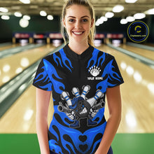 Load image into Gallery viewer, Personalized Blue Funny Flame Bowling Shirt For Women, Fire Bowling Team Jersey Polo &amp; 1/4 Zip TDM6164