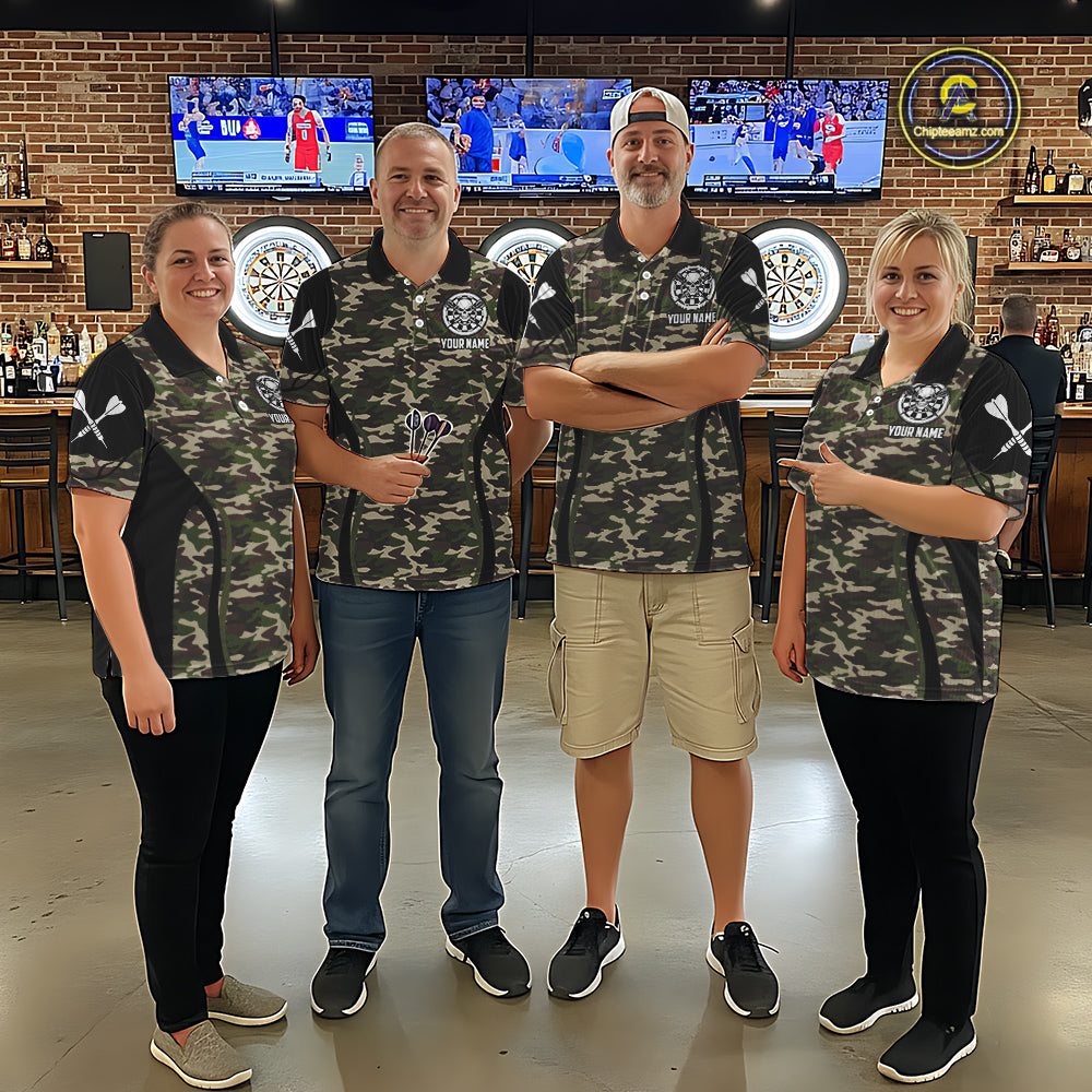Personalized Green Camo Skull Darts Shirt For Women Custom Darts League Jersey Team Polo & 1/4 Zip TDM6402