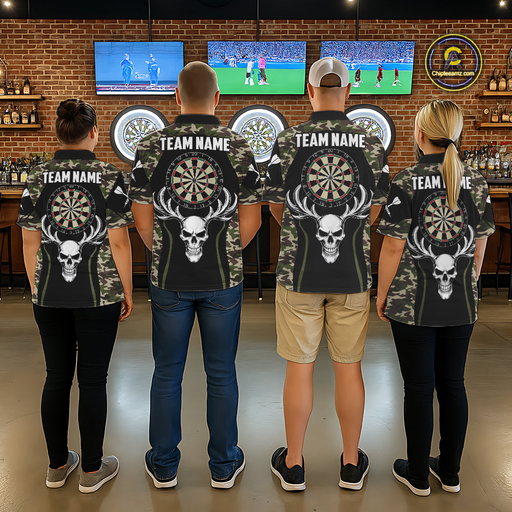 Personalized Green Camo Skull Darts Shirt For Women Custom Darts League Jersey Team Polo & 1/4 Zip TDM6402