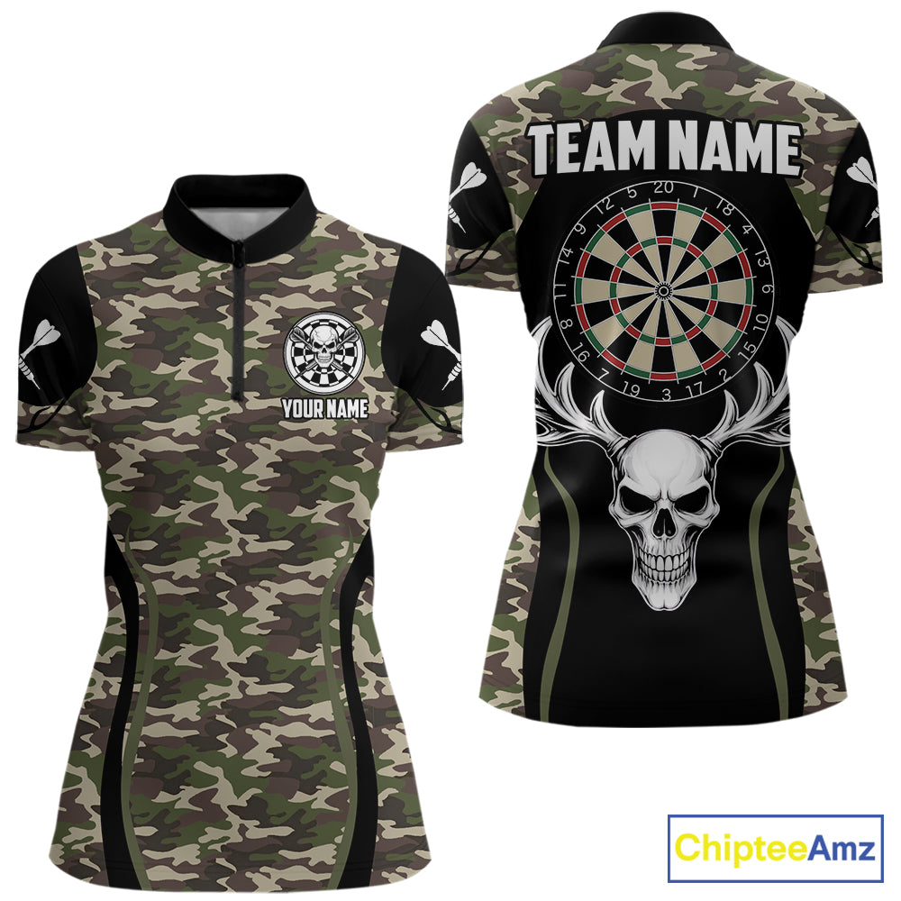 Personalized Green Camo Skull Darts Shirt For Women Custom Darts League Jersey Team Polo & 1/4 Zip TDM6402