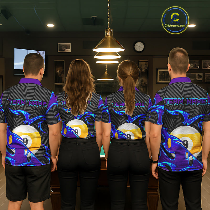 Personalized Blue Purple 9 Ball Pool Billiards Shirts For Women, Billiard Team Jersey Polo & 1/4 Zip TDM6403