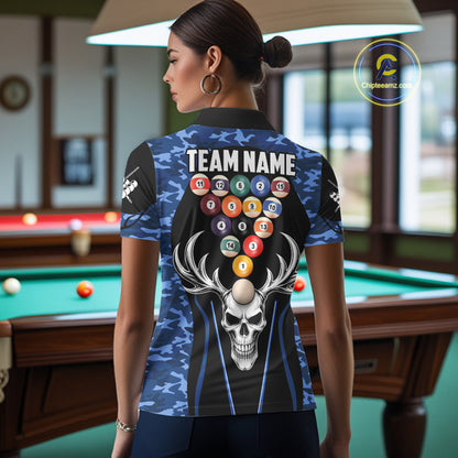 Personalized Blue Camo Skull Billiard Shirt For Women, 8 Ball Billiard Team Jersey Polo & 1/4 Zip TDM6399