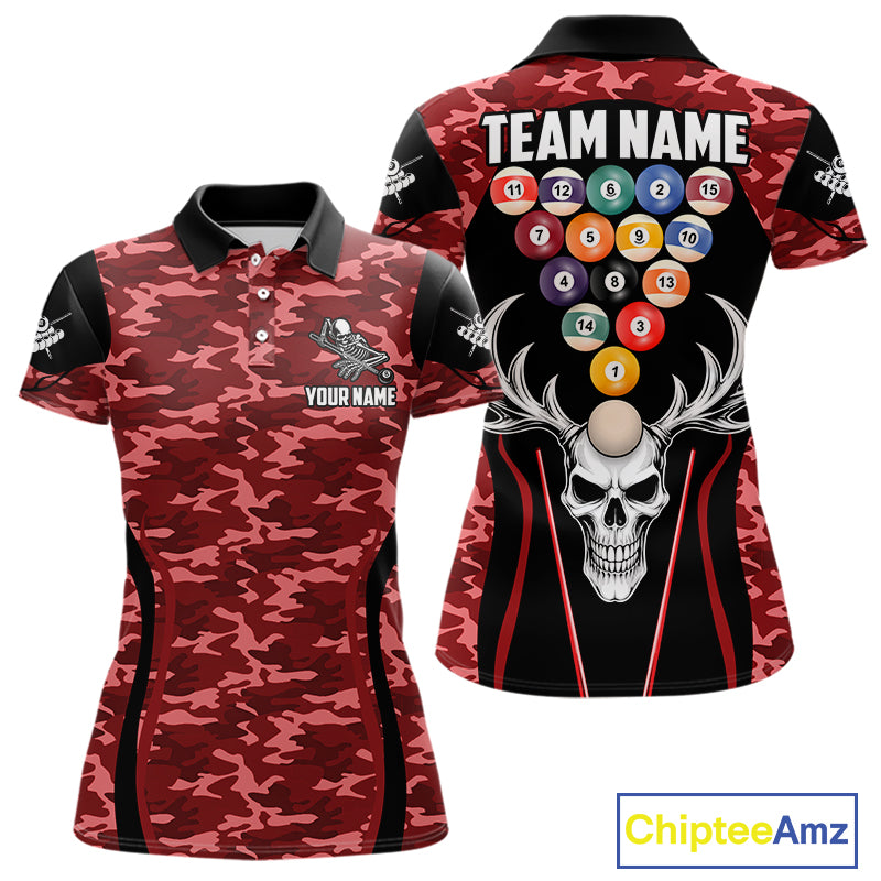 Personalized Red Camo Skull Billiard Shirt For Women, 8 Ball Billiard Team Jersey Polo & 1/4 Zip TDM6400