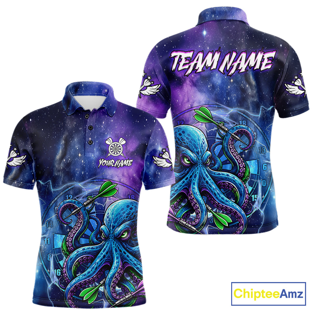 Custom Funny Octopus Blue Purple Galaxy Darts Polo Shirt Designed for Personalized Dart Team Jerseys with Premium Athletic Performance and Glowing Graphics