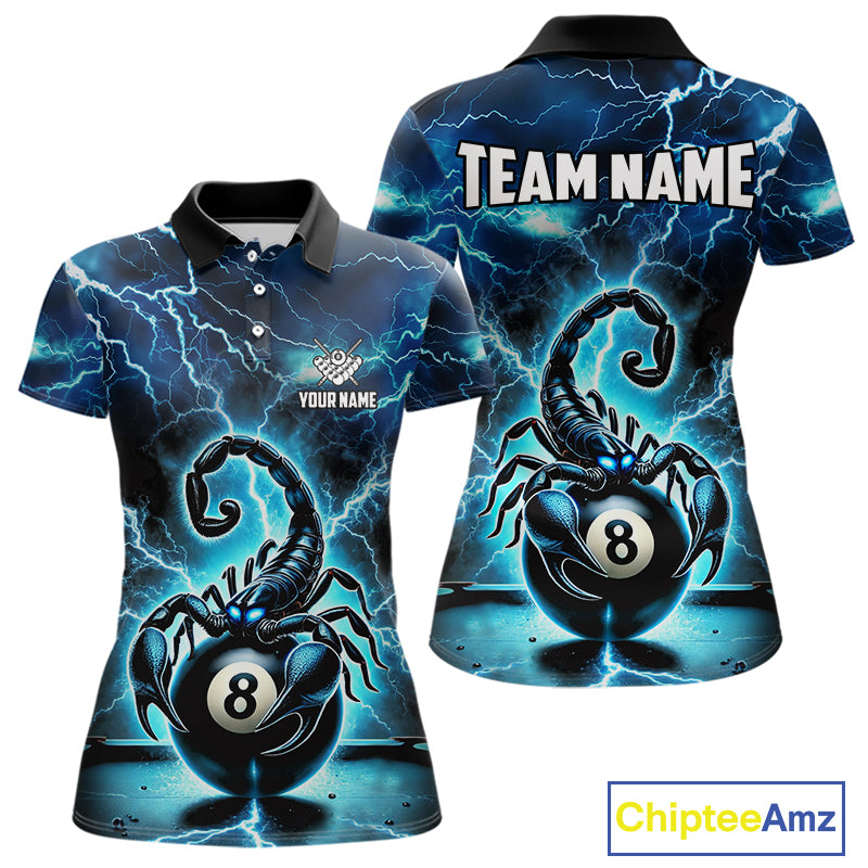 Blue Lightning Thunder Scorpion 8 Ball Pool Polo & 1/4 Zip For Women Custom Billiard Team Jersey TDM4861