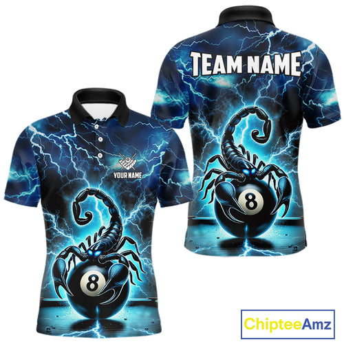 Blue Lightning Thunder Scorpion 8 Ball Pool Polo & 1/4 Zip For Men Custom Billiard Team Jersey TDM4861