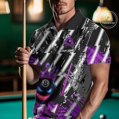 Funny 8 Ball Pool Crown Billiard Shirt For Men Custom Billiard Jersey Team Polo & 1/4 Zip |Purple TDM5083