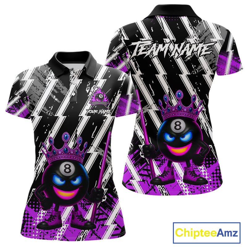 Funny 8 Ball Pool Crown Billiard Shirt For Women Custom Billiard Jersey Team Polo & 1/4 Zip |Purple TDM5083