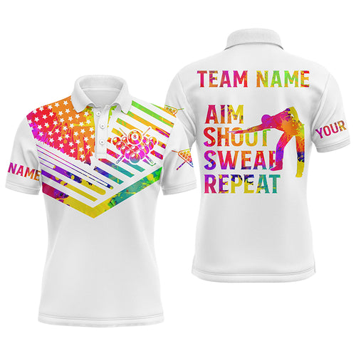 Billiard Aim Shoot Swear Repeat Custom 3D White Multicolor Men Polo Shirts, Billiard Shirts Funny TDM0625