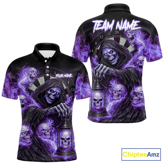 Purple Grim Reaper Flame Darts Shirt For Men Custom Skull Darts League Jersey Team Polo & 1/4 Zip TDM5562