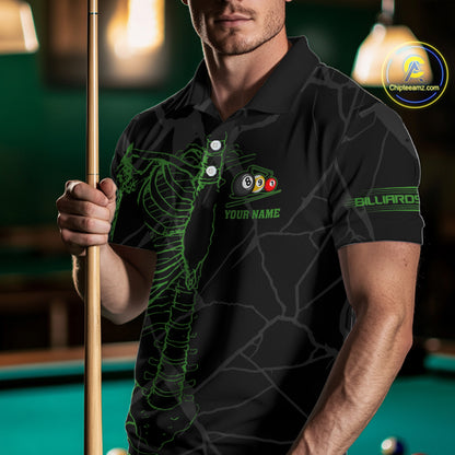 Black And Green Funny Skeleton Billiard Polo & 1/4 Zip For Men Custom Billiard Pool Team Jersey TDM5797