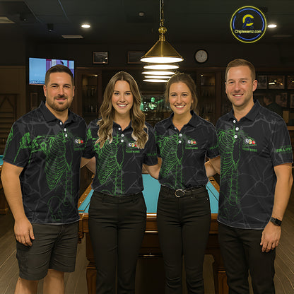 Black And Green Funny Skeleton Billiard Polo & 1/4 Zip For Men Custom Billiard Pool Team Jersey TDM5797
