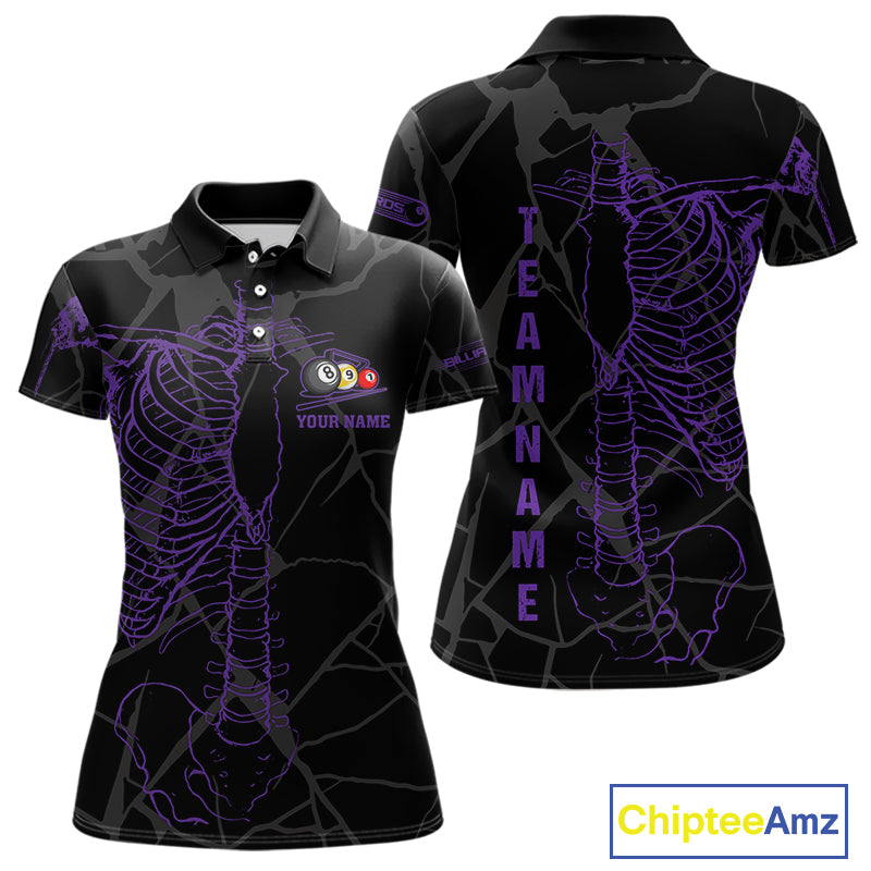 Black And Purple Funny Skeleton Billiard Polo & 1/4 Zip For Women Custom Billiard Pool Team Jersey TDM5798