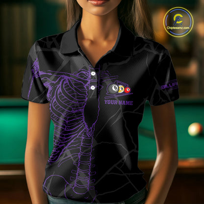 Black And Purple Funny Skeleton Billiard Polo & 1/4 Zip For Women Custom Billiard Pool Team Jersey TDM5798