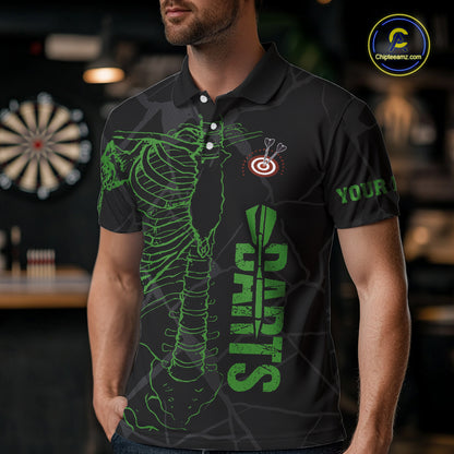 Black And Green Funny Skeleton Darts Polo & 1/4 Zip Custom Darts Shirt For Men Darts Team Jersey TDM5799
