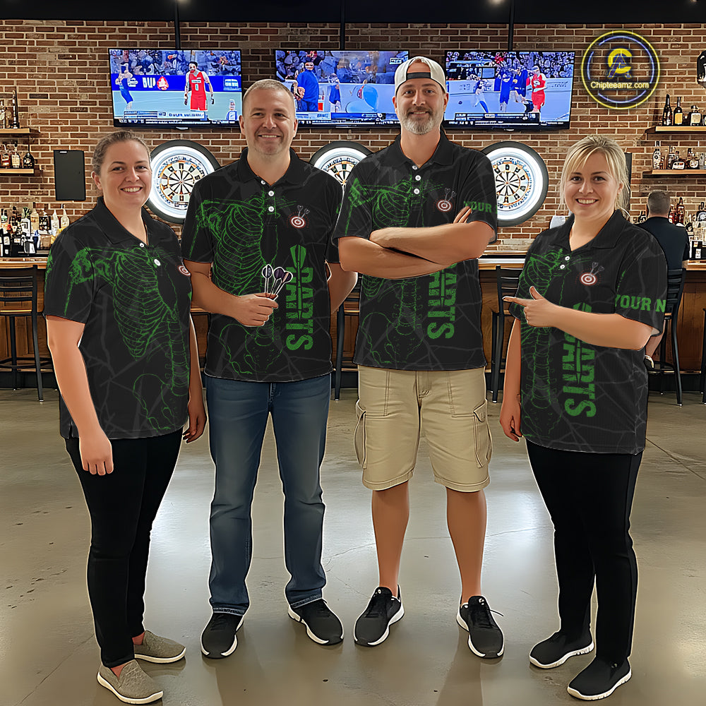 Black And Green Funny Skeleton Darts Polo & 1/4 Zip Custom Darts Shirt For Men Darts Team Jersey TDM5799