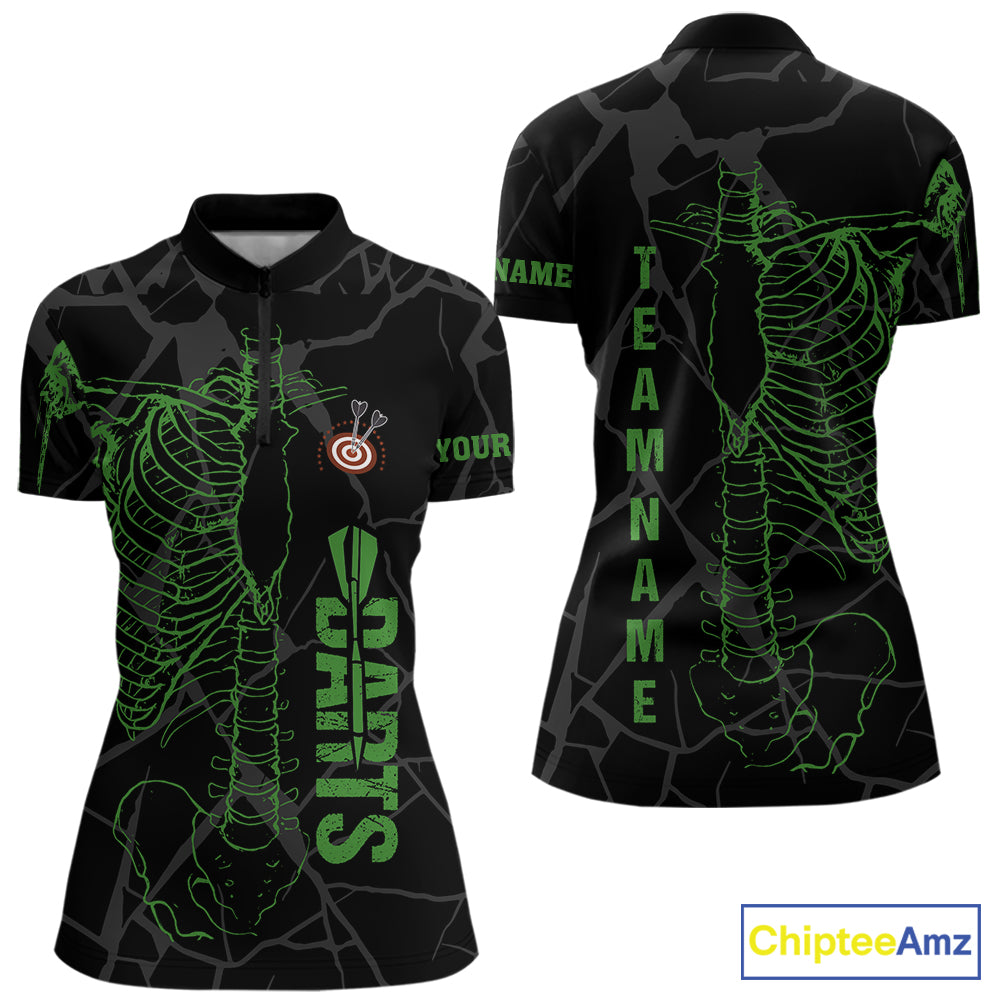 Black And Green Funny Skeleton Darts Polo & 1/4 Zip Custom Darts Shirt For Women Darts Team Jersey TDM5799