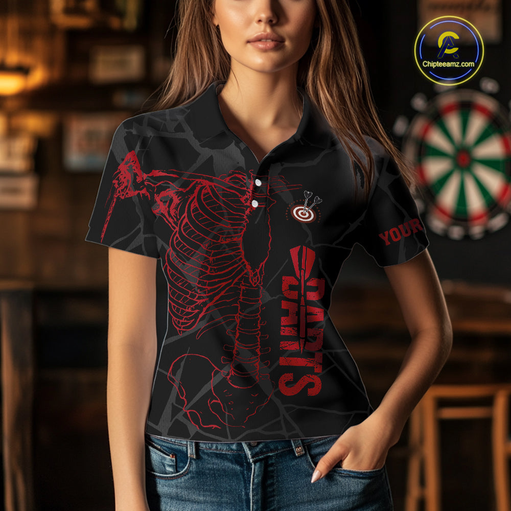 Black And Red Funny Skeleton Darts Polo & 1/4 Zip Custom Darts Shirt For Women Darts Team Jersey TDM5800