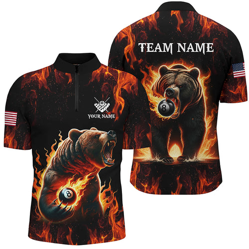 Custom Funny Bear & 8 Ball Pool Fire Flame Men Quarter-Zip Shirts, Unique Billiard Attire TDM1315