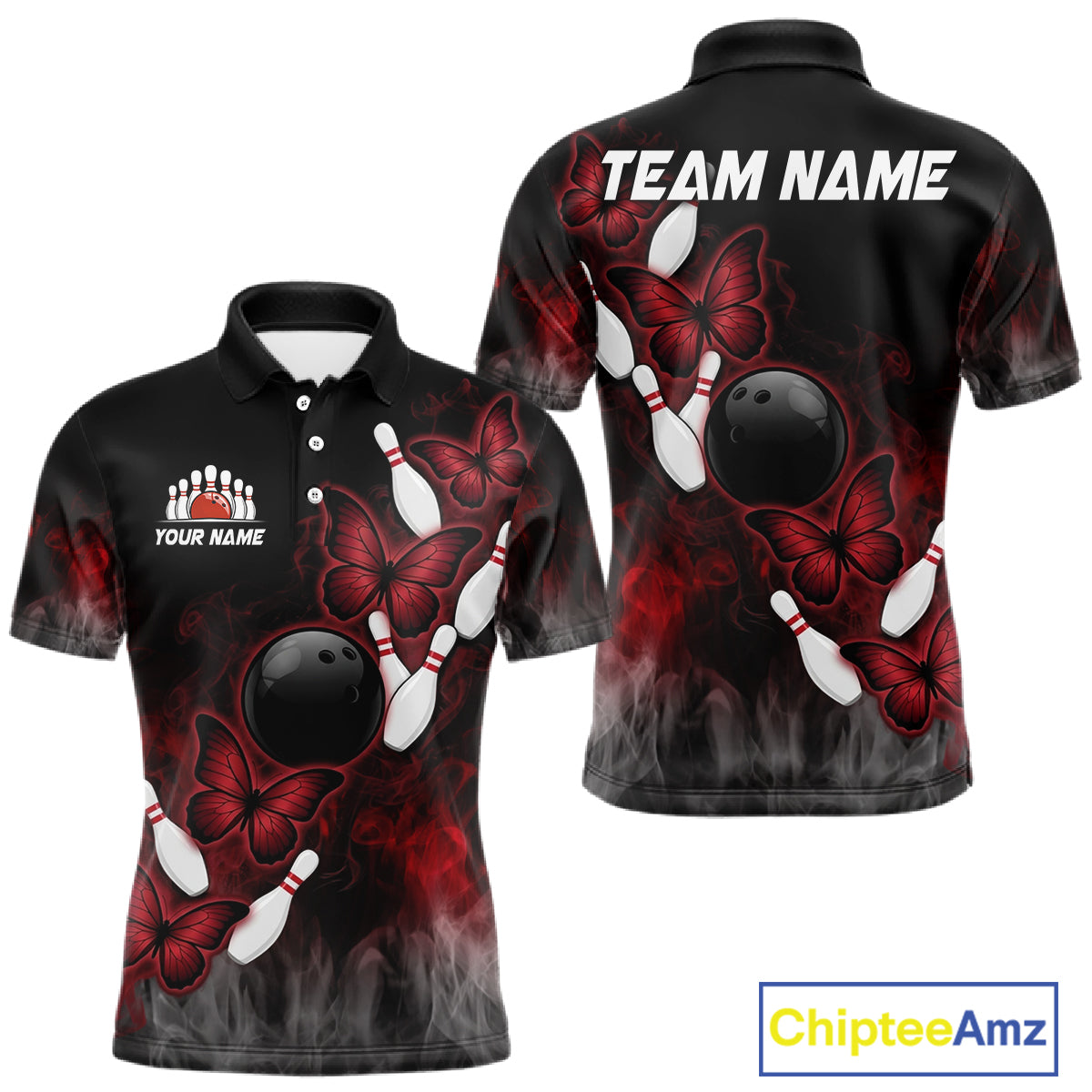 Black And Red Custom Butterfly Bowling Shirt For Men, Bowling Team Jersey Polo & Quarter Zip Shirt TDM6179