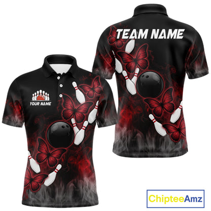 Black And Red Custom Butterfly Bowling Shirt For Men, Bowling Team Jersey Polo & Quarter Zip Shirt TDM6179