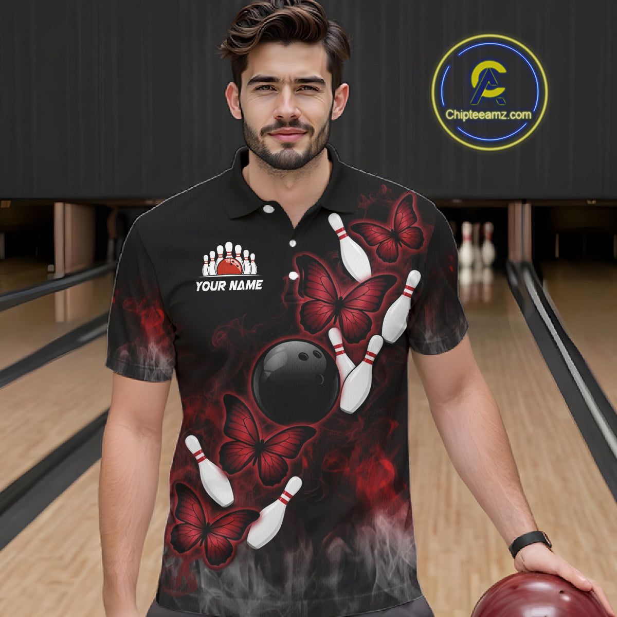 Black And Red Custom Butterfly Bowling Shirt For Men, Bowling Team Jersey Polo & Quarter Zip Shirt TDM6179