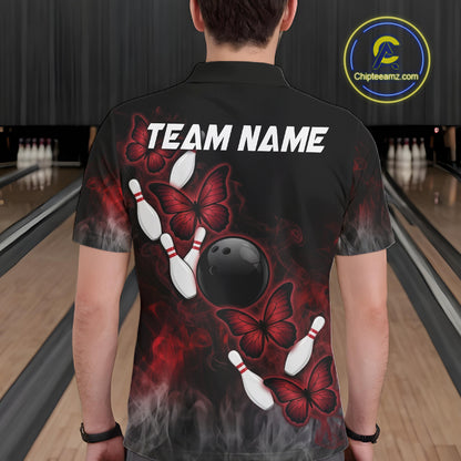 Black And Red Custom Butterfly Bowling Shirt For Men, Bowling Team Jersey Polo & Quarter Zip Shirt TDM6179