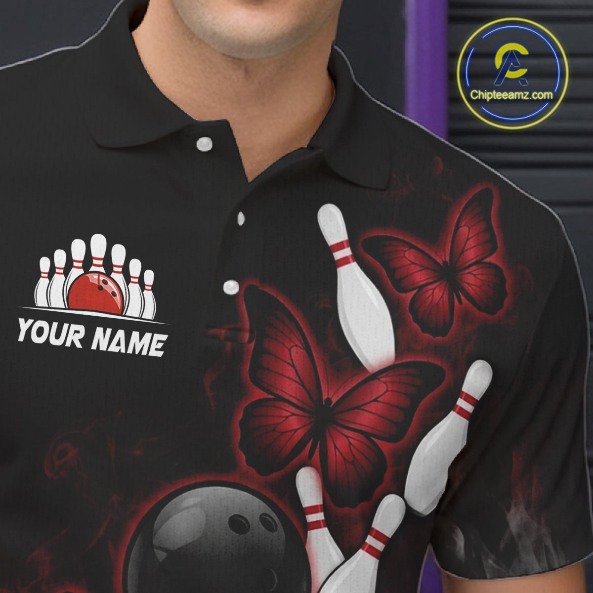 Black And Red Custom Butterfly Bowling Shirt For Men, Bowling Team Jersey Polo & Quarter Zip Shirt TDM6179