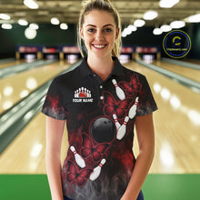 Load image into Gallery viewer, Black And Red Custom Butterfly Bowling Shirt For Women, Bowling Team Jersey Polo &amp; Quarter Zip Shirt TDM6179