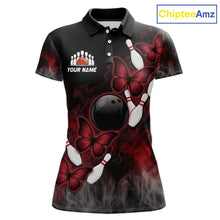 Load image into Gallery viewer, Black And Red Custom Butterfly Bowling Shirt For Women, Bowling Team Jersey Polo &amp; Quarter Zip Shirt TDM6179
