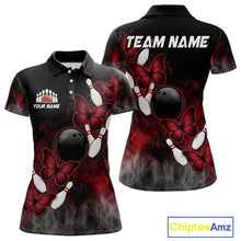 Load image into Gallery viewer, Black And Red Custom Butterfly Bowling Shirt For Women, Bowling Team Jersey Polo &amp; Quarter Zip Shirt TDM6179