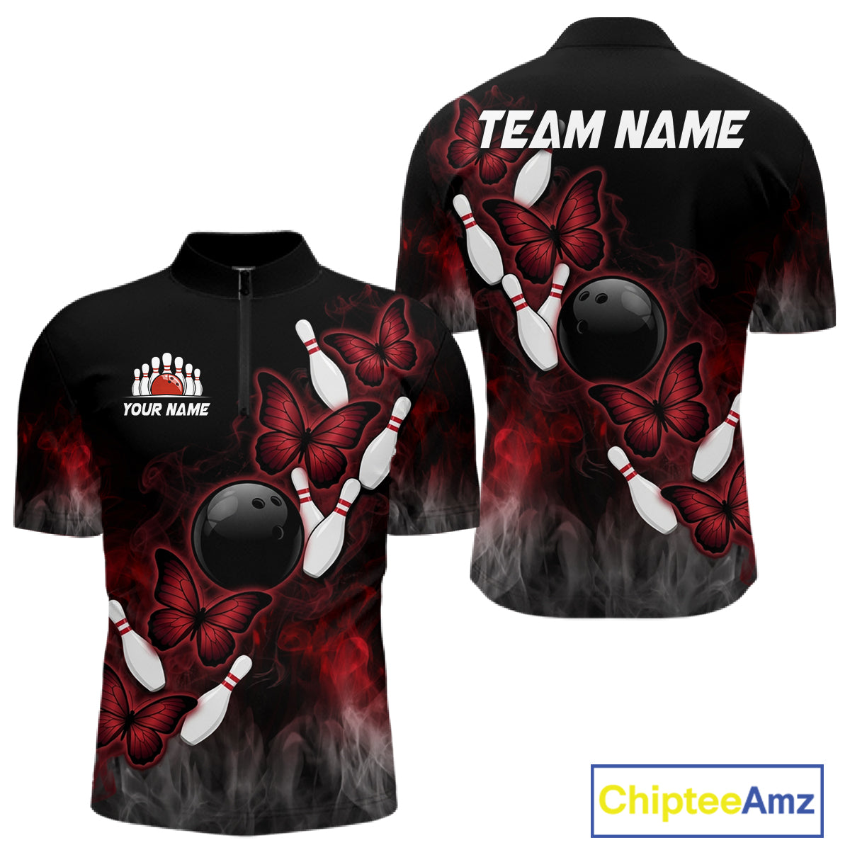 Black And Red Custom Butterfly Bowling Shirt For Men, Bowling Team Jersey Polo & Quarter Zip Shirt TDM6179