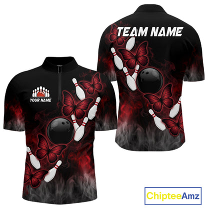 Black And Red Custom Butterfly Bowling Shirt For Men, Bowling Team Jersey Polo & Quarter Zip Shirt TDM6179