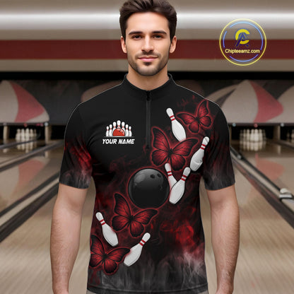 Black And Red Custom Butterfly Bowling Shirt For Men, Bowling Team Jersey Polo & Quarter Zip Shirt TDM6179