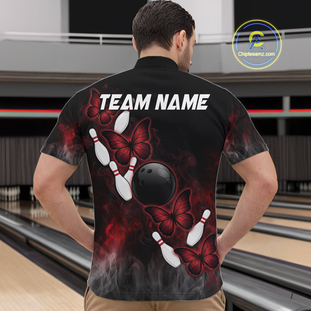 Black And Red Custom Butterfly Bowling Shirt For Men, Bowling Team Jersey Polo & Quarter Zip Shirt TDM6179